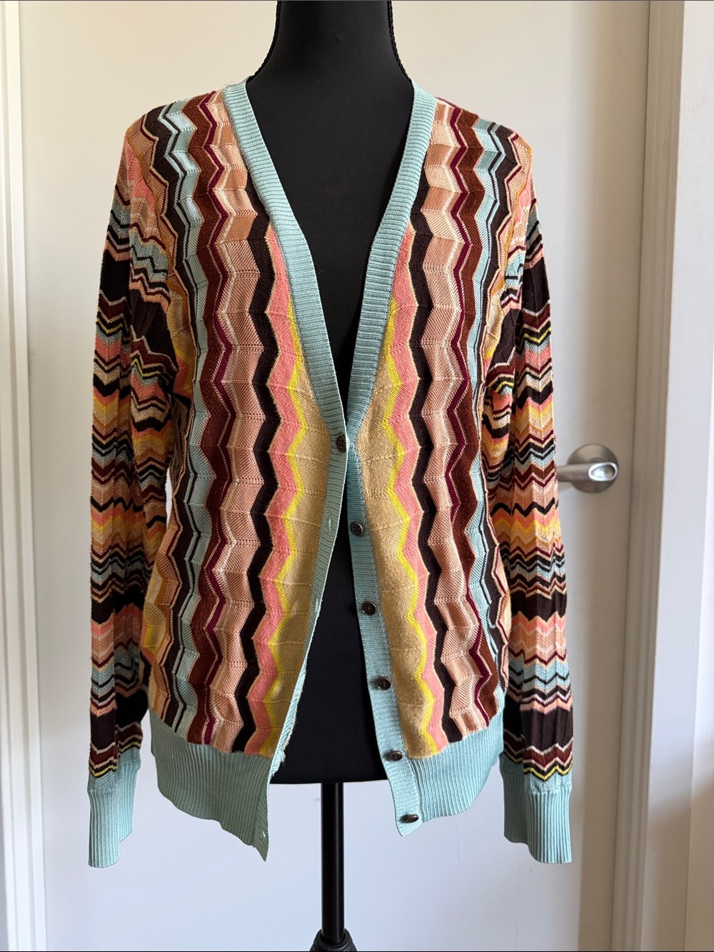 Mission x Target Multi-Color Zigzag V-Neck Button Cardigan Sweater - Mint Trim L